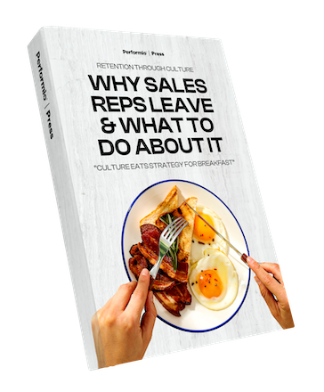 Book cover of Why Sales Reps Leave & What to Do About It by Performio, featuring a close-up of hands cutting into a breakfast plate of eggs, bacon, and toast. Subtitle reads 