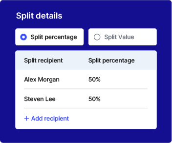 Split details interface showing commission split percentages between multiple recipients