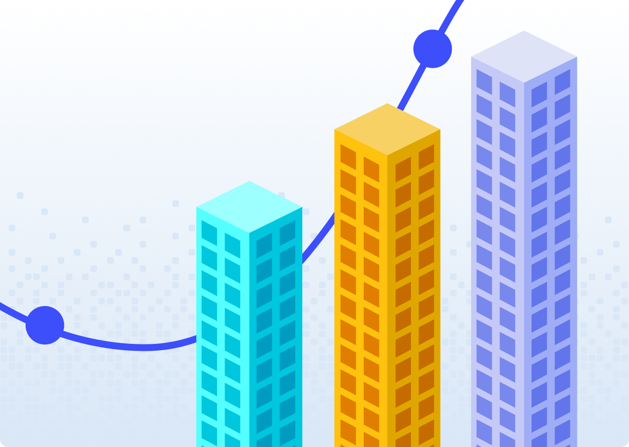 Illustration of three tall buildings of varying heights in cyan, yellow, and purple, representing business growth. A rising data trend line with circular data points moves upward behind the buildings, symbolizing enterprise performance improvement.
