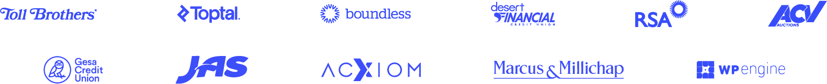 A grid of company logos representing organizations that chose Performio over Varicent for incentive compensation management. Logos include Toll Brothers, Toptal, Boundless, Desert Financial Credit Union, RSA, ACV Auctions, Gesa Credit Union, JAS, Acxiom, Marcus & Millichap, and WP Engine. All logos are displayed in blue on a transparent background.