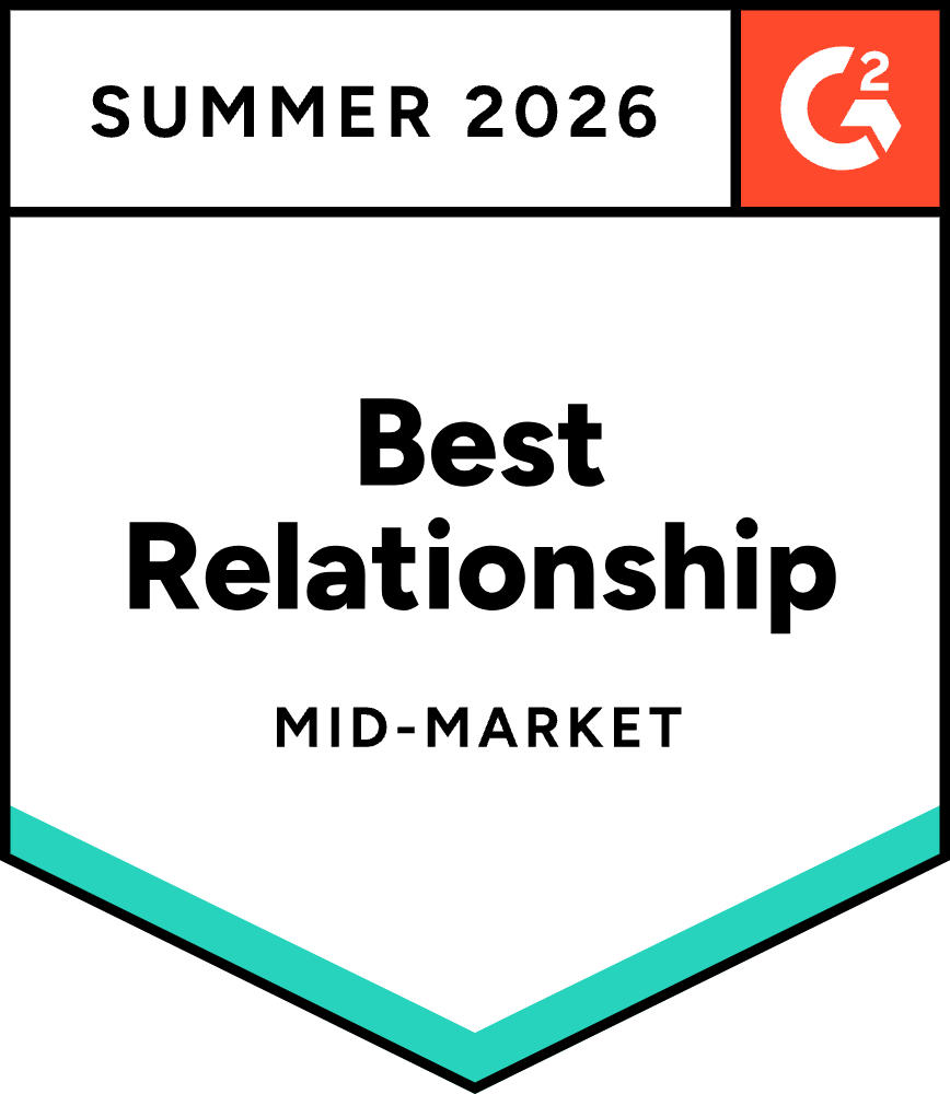 Badge graphic for G2 Best Relationship in Mid-Market, Sales Performance Management, Summer 2026