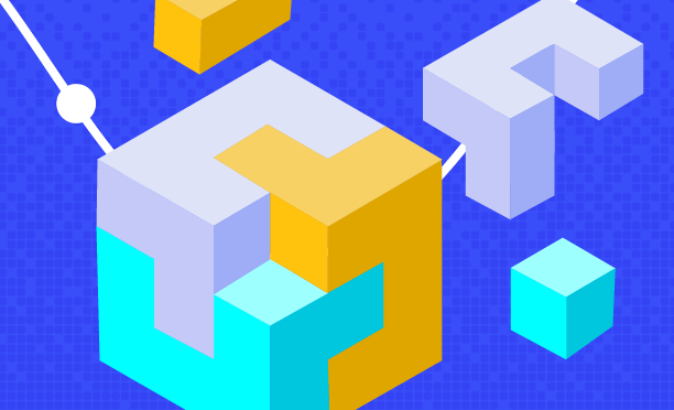 Abstract illustration of interlocking 3D blocks in blue, yellow, and gray, representing modular architecture or component-based systems on a digital background.