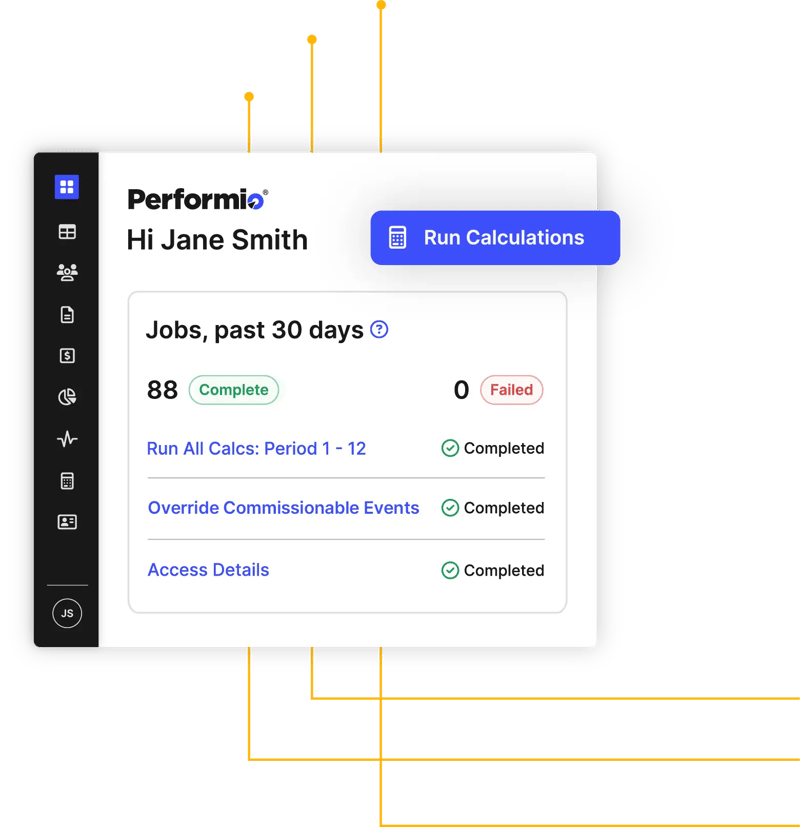 Performio dashboard showing commission calculation jobs and run calculations button
