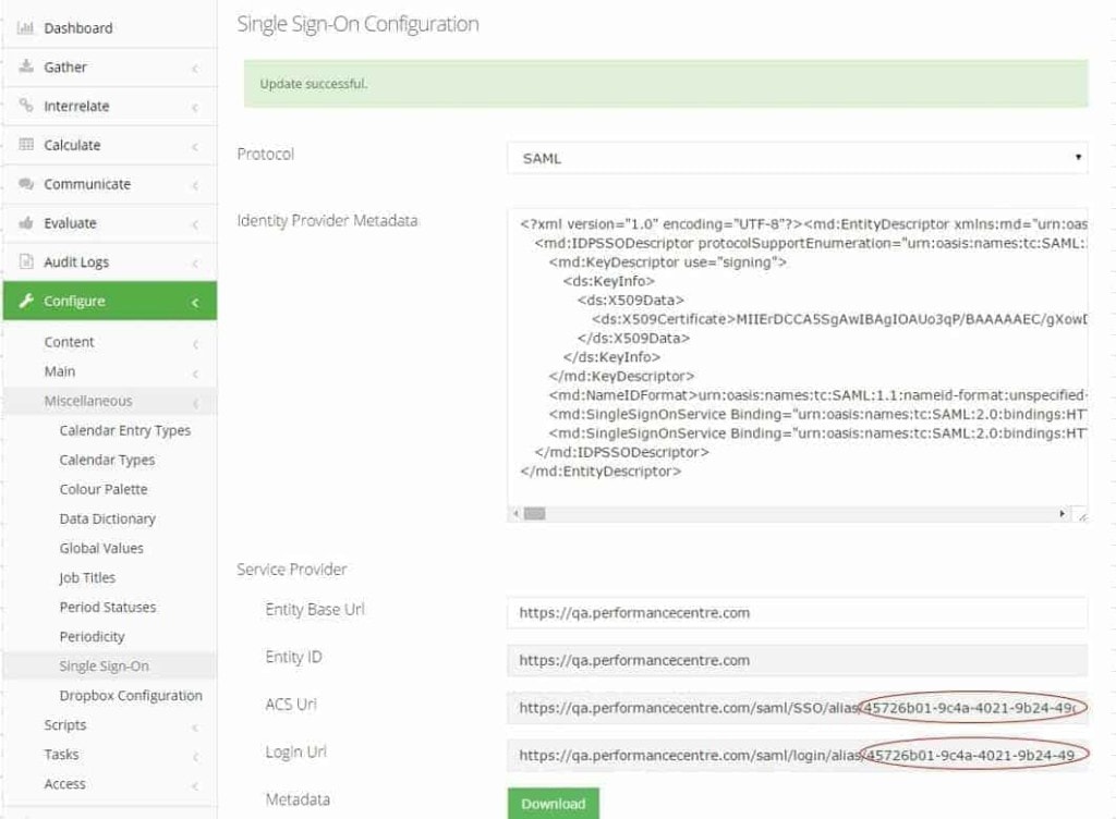 SAML SSO config