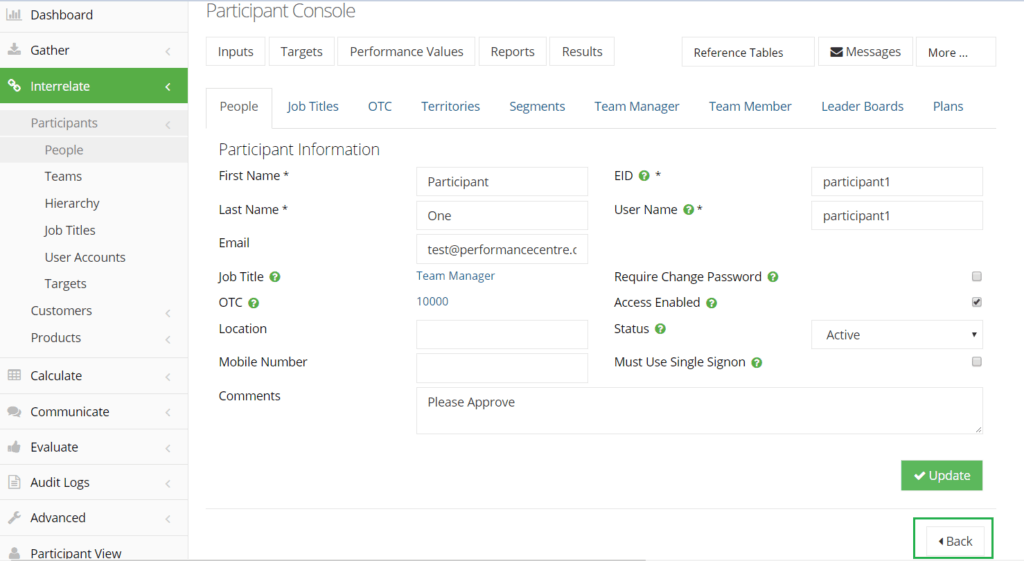 quick navigation to participant console