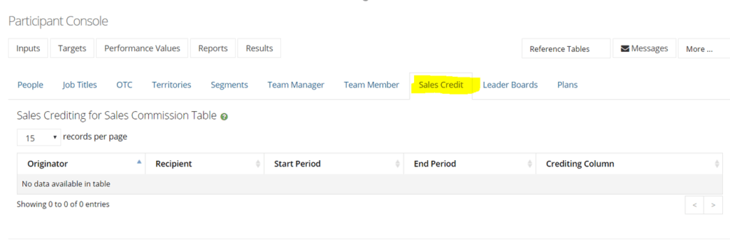 sales crediting tab in participant console for administrator