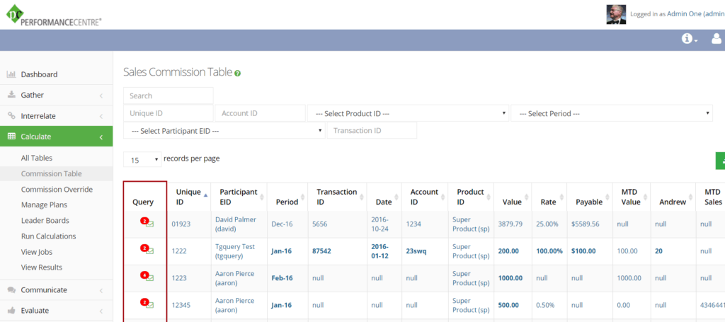 notification indicator for unread queries in sales commission table module view