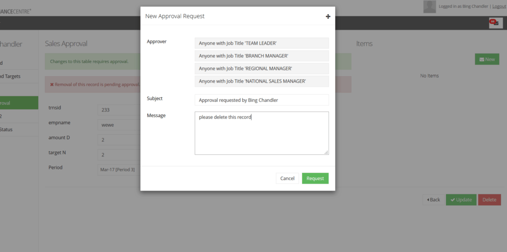 approval in the custom table module records for delete