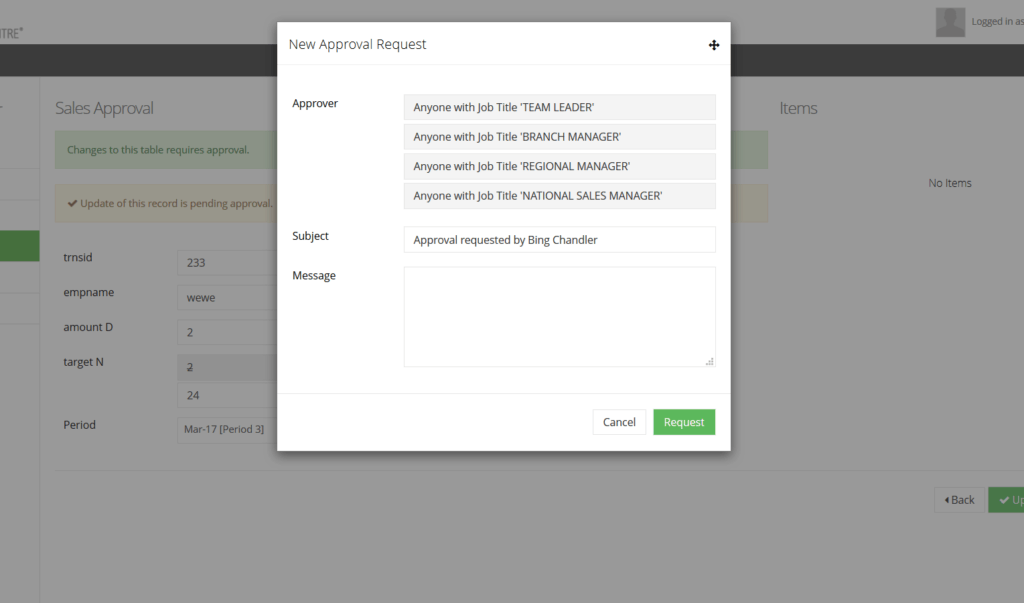 approval in the custom table module records for update