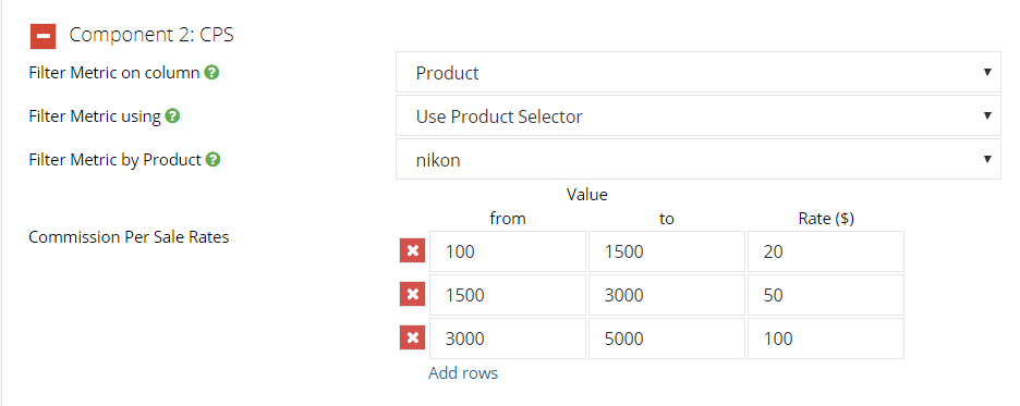 metric filtering on commission per sale component