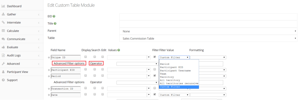 filtering custom table