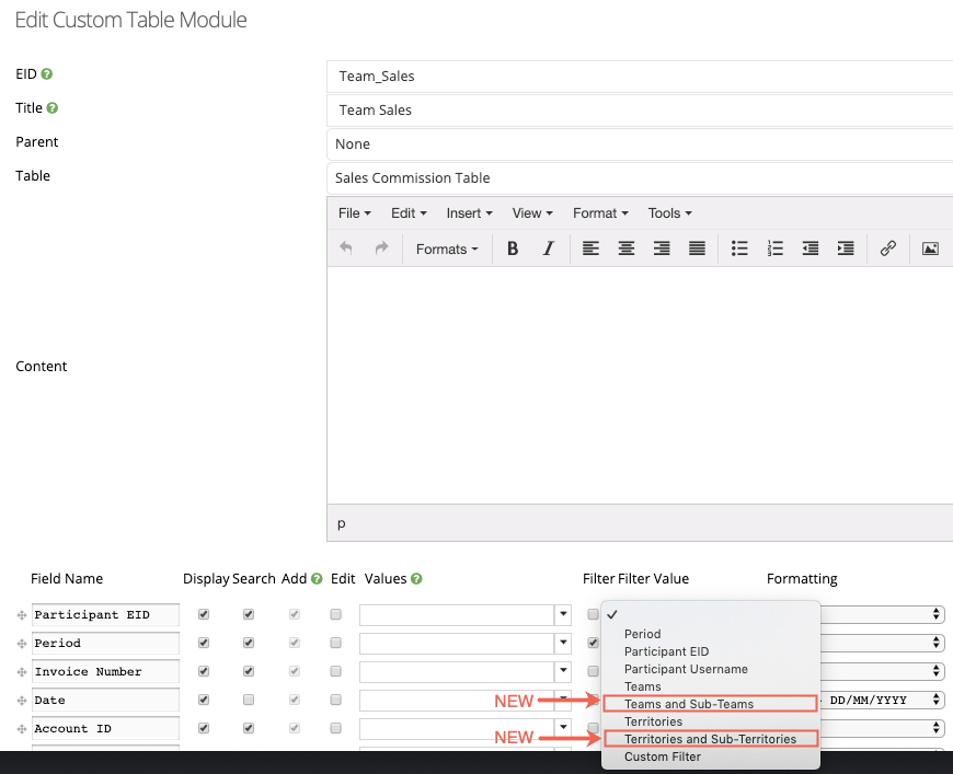 custom table module filters