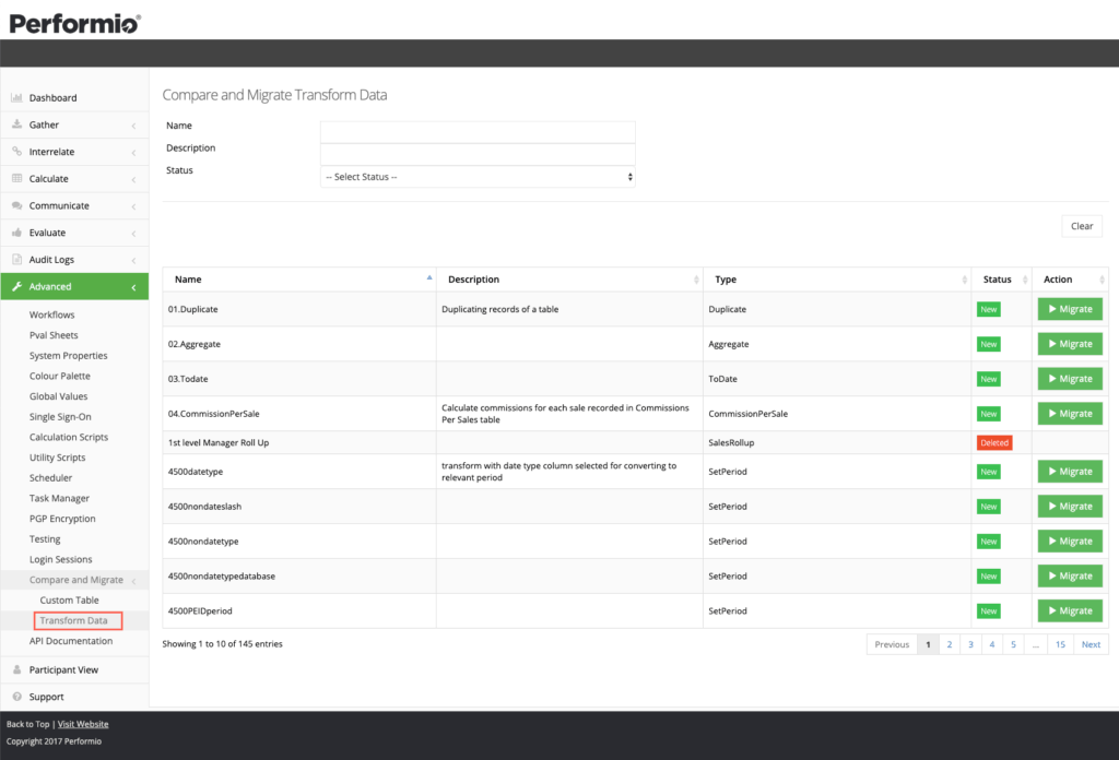 Compare and Migrate Transform Data Menu