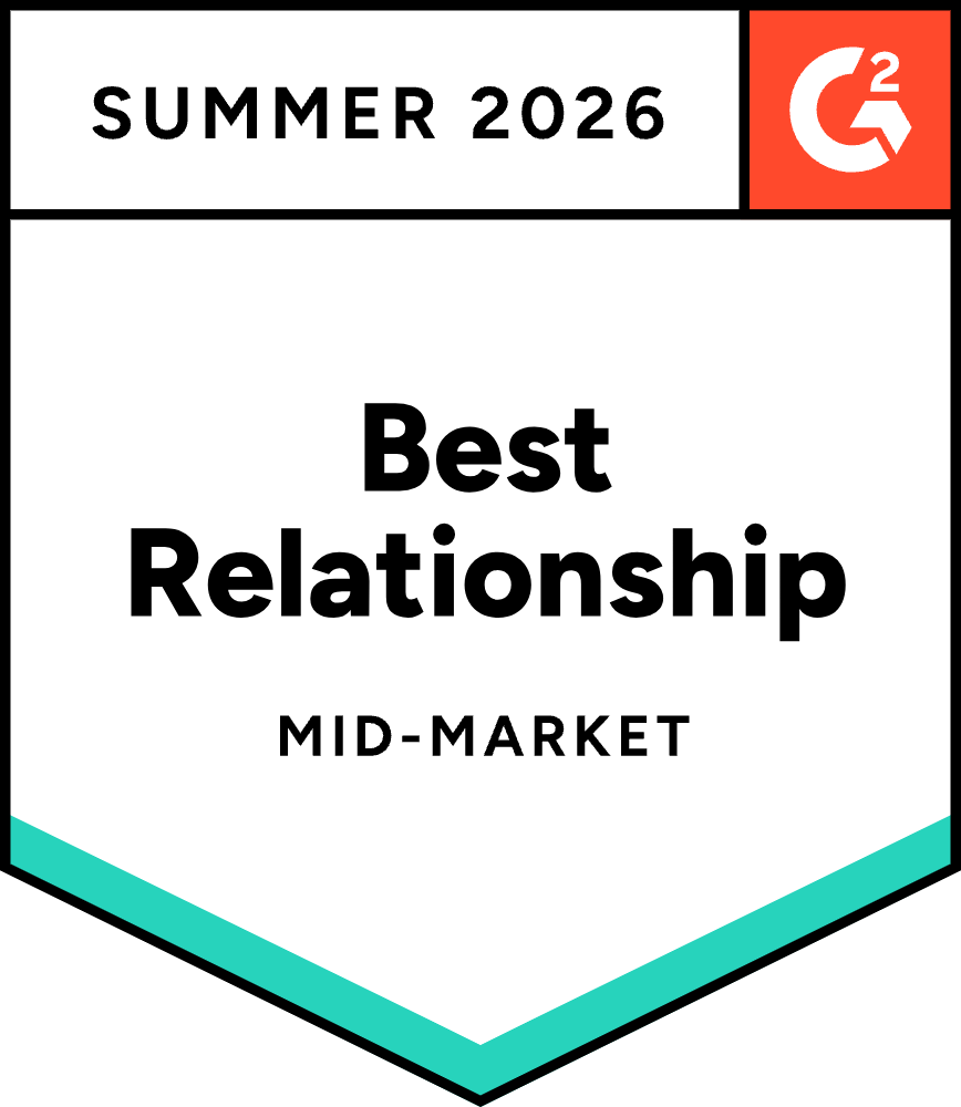 Badge graphic for G2 Best Relationship in Mid-Market, Sales Performance Management, Summer 2026