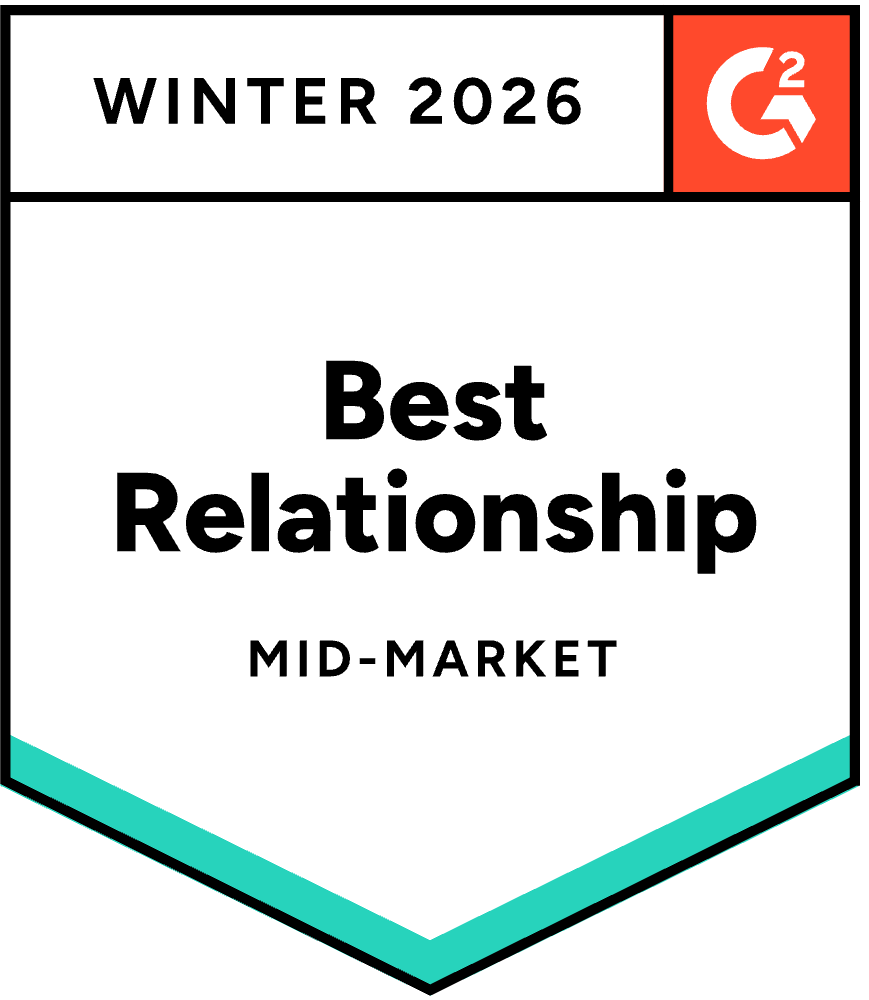 Badge graphic for G2 Best Relationship in the Mid-Market sector, Winter 2026